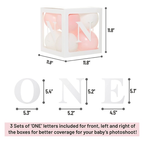 SALE: 3 for $12 Clear Cube ‘ONE’ Boxes with Pink and White Balloons NWOT - Picture 5 of 10